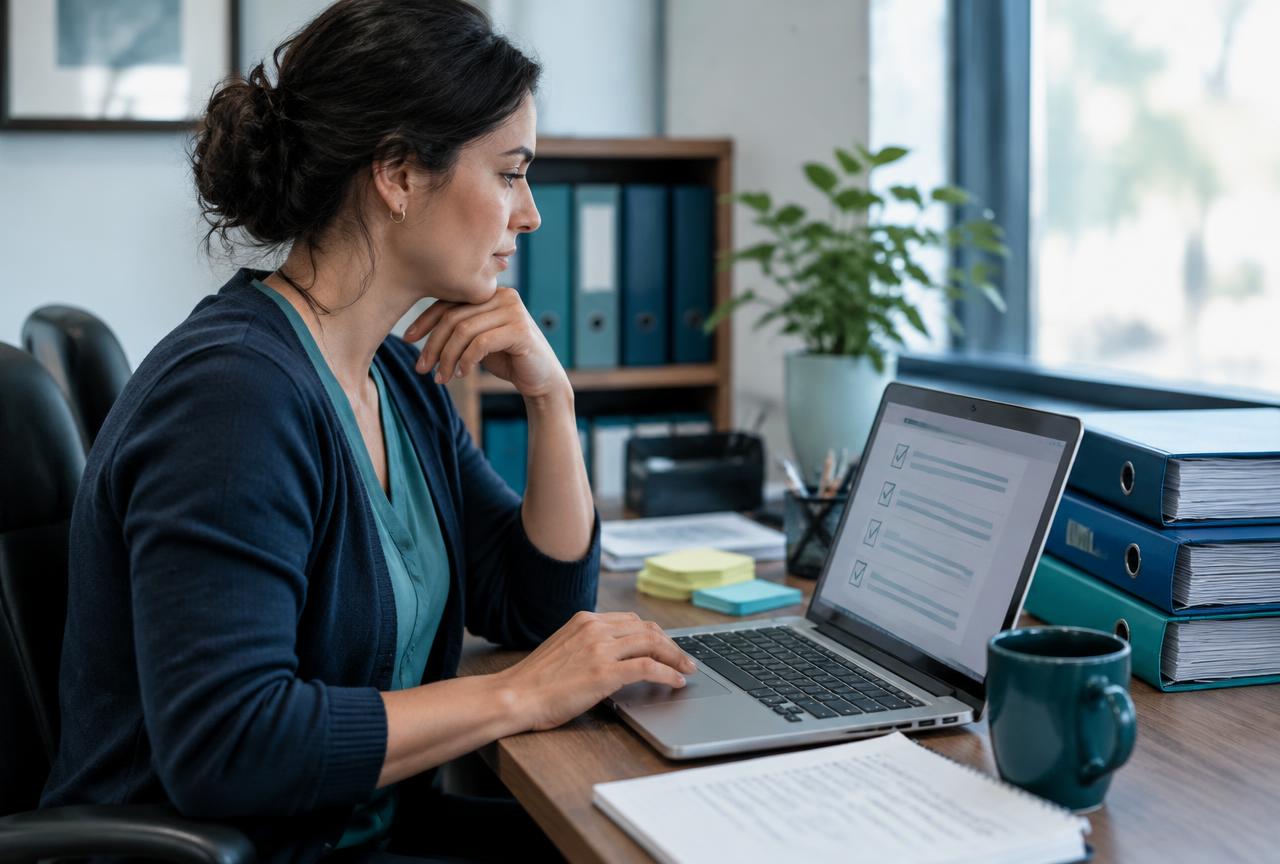 A team member working through a security checklist at a laptop beside compliance binders