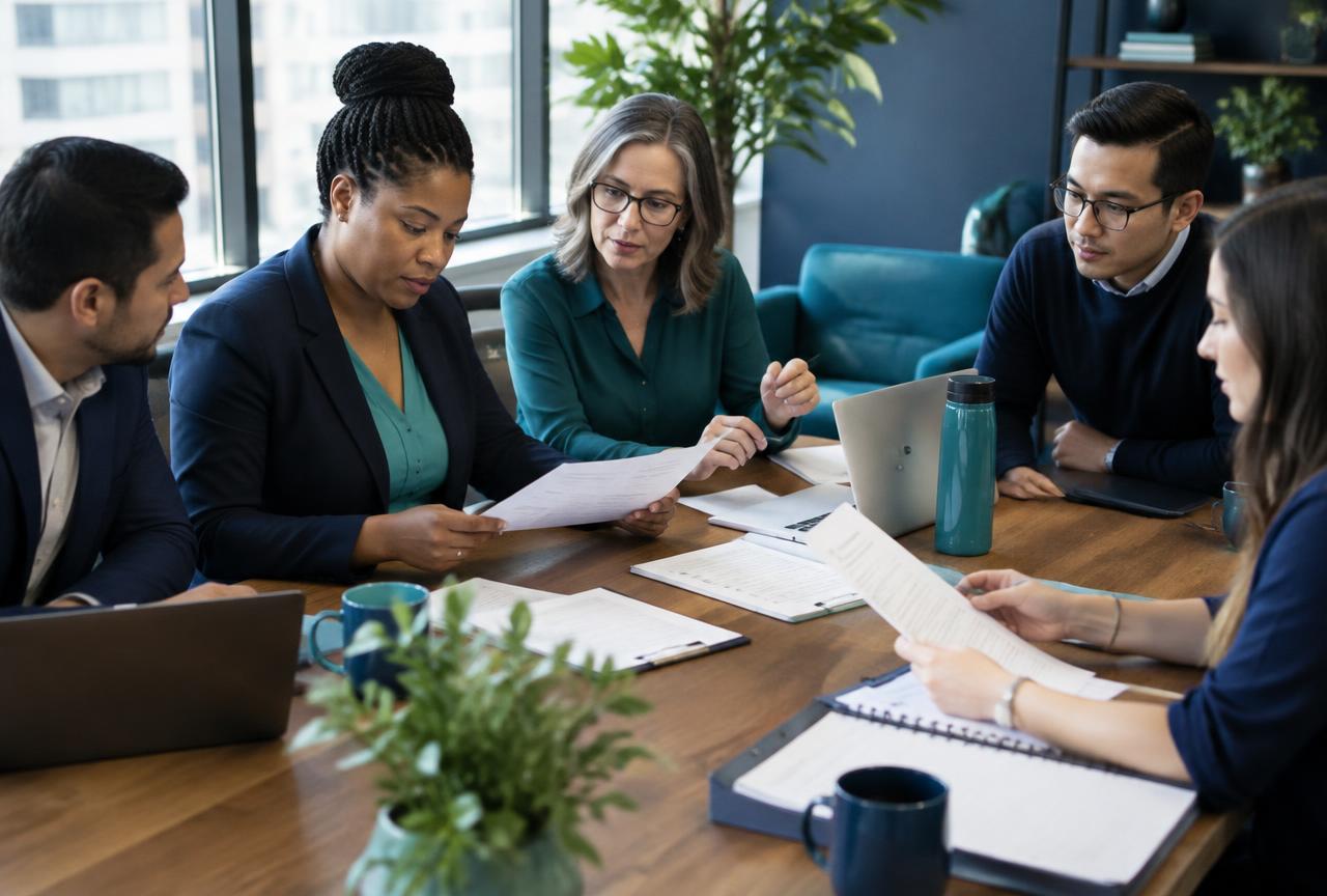 A compliance team reviewing policy documents together around a conference table